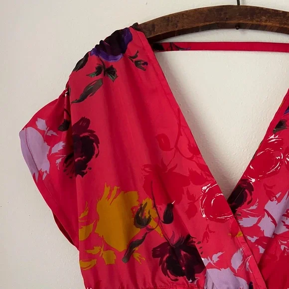 Strawberry Red Floral Romantic V-neck Midi High-low Dress High Waist Crossover L - Picture 3 of 11